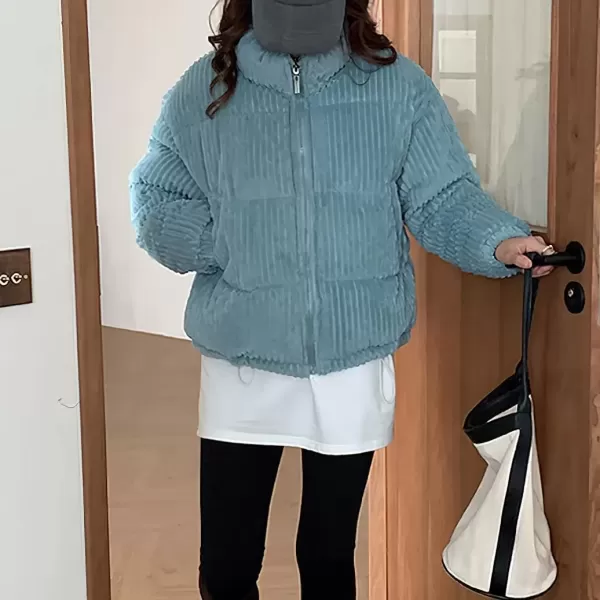 imagechouyatou Women Winter Warm Corduroy Puffer Jacket Quilted Down Zip Up Stand Collar Cropped Short CoatsBlue