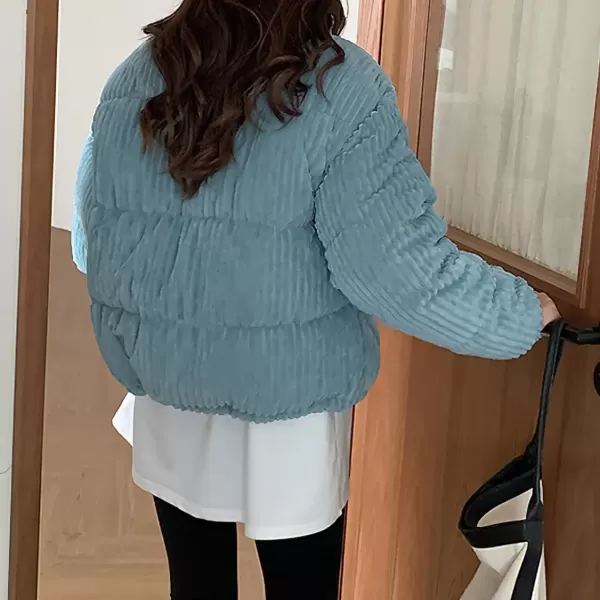 imagechouyatou Women Winter Warm Corduroy Puffer Jacket Quilted Down Zip Up Stand Collar Cropped Short CoatsBlue