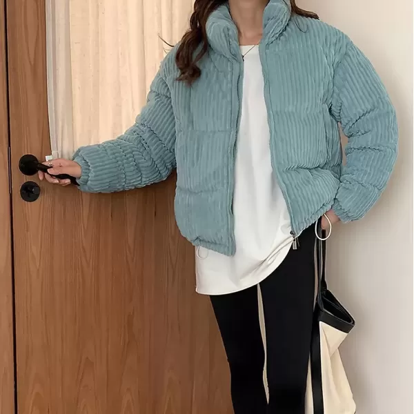 imagechouyatou Women Winter Warm Corduroy Puffer Jacket Quilted Down Zip Up Stand Collar Cropped Short CoatsBlue