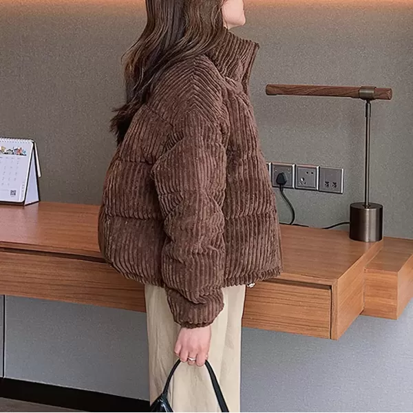 imagechouyatou Women Winter Warm Corduroy Puffer Jacket Quilted Down Zip Up Stand Collar Cropped Short CoatsBrown