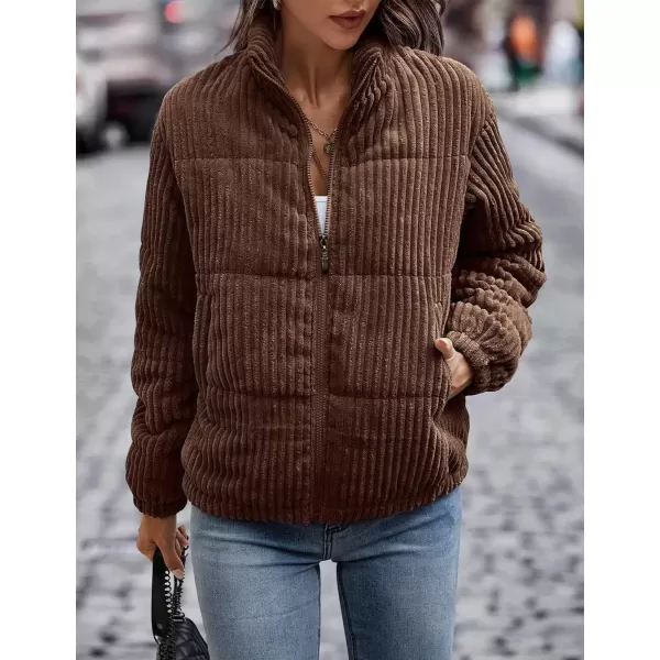 imagechouyatou Women Winter Warm Corduroy Puffer Jacket Quilted Down Zip Up Stand Collar Cropped Short CoatsBrown