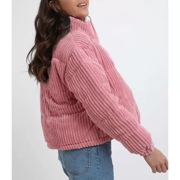 imagechouyatou Women Winter Warm Corduroy Puffer Jacket Quilted Down Zip Up Stand Collar Cropped Short CoatsPink