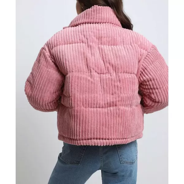 imagechouyatou Women Winter Warm Corduroy Puffer Jacket Quilted Down Zip Up Stand Collar Cropped Short CoatsPink