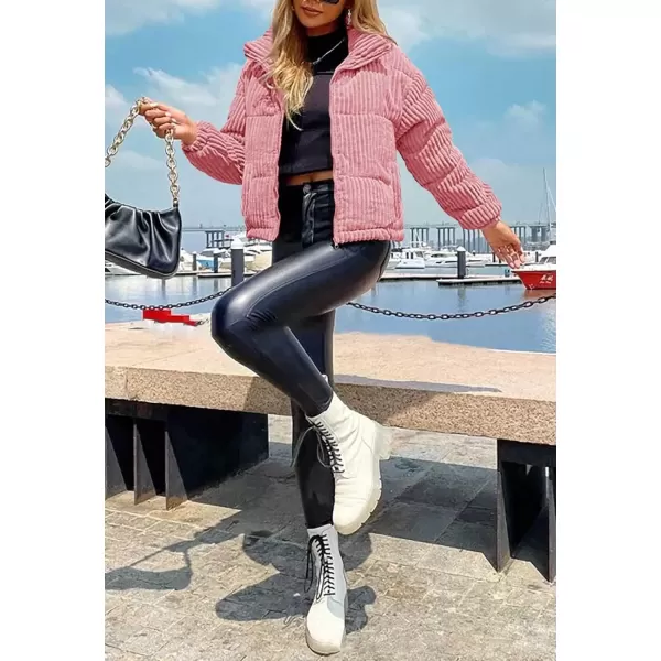 imagechouyatou Women Winter Warm Corduroy Puffer Jacket Quilted Down Zip Up Stand Collar Cropped Short CoatsPink