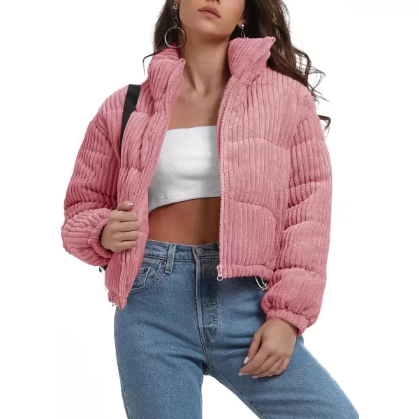 imagechouyatou Women Winter Warm Corduroy Puffer Jacket Quilted Down Zip Up Stand Collar Cropped Short CoatsPink