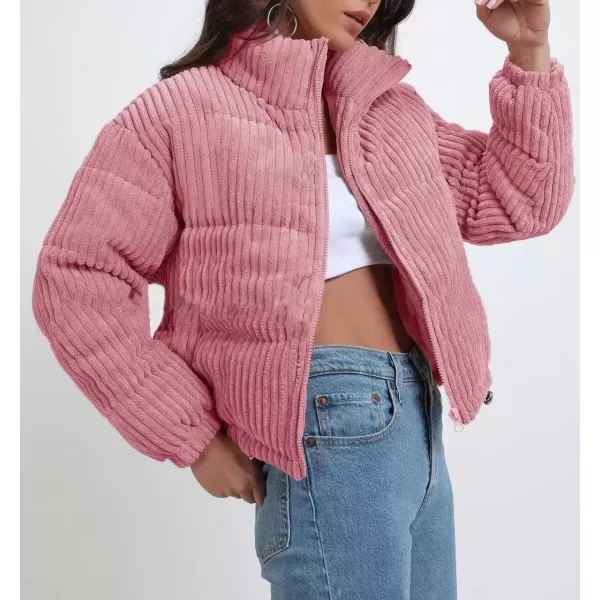 imagechouyatou Women Winter Warm Corduroy Puffer Jacket Quilted Down Zip Up Stand Collar Cropped Short CoatsPink