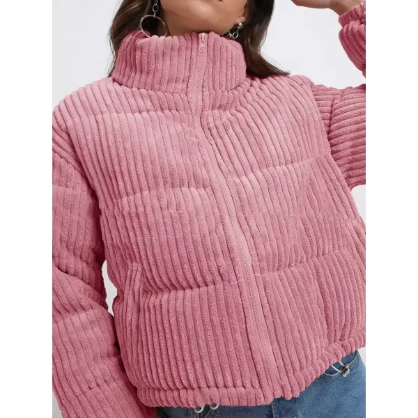 imagechouyatou Women Winter Warm Corduroy Puffer Jacket Quilted Down Zip Up Stand Collar Cropped Short CoatsPink