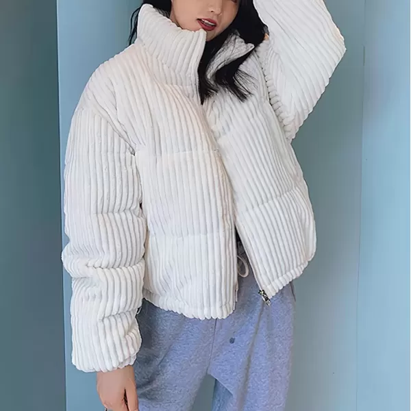 imagechouyatou Women Winter Warm Corduroy Puffer Jacket Quilted Down Zip Up Stand Collar Cropped Short CoatsWhite