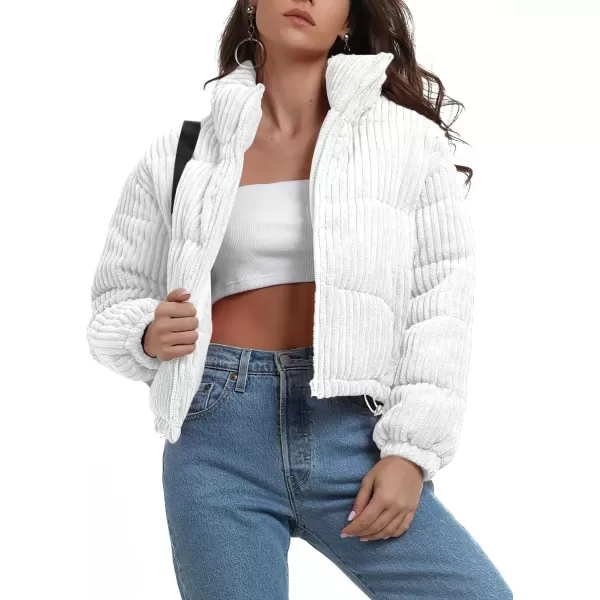 imagechouyatou Women Winter Warm Corduroy Puffer Jacket Quilted Down Zip Up Stand Collar Cropped Short CoatsWhite