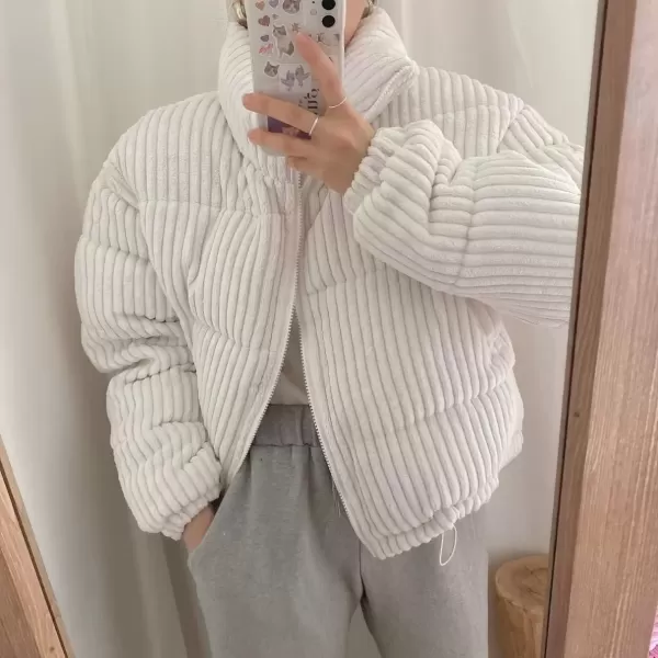 imagechouyatou Women Winter Warm Corduroy Puffer Jacket Quilted Down Zip Up Stand Collar Cropped Short CoatsWhite