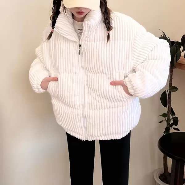 imagechouyatou Women Winter Warm Corduroy Puffer Jacket Quilted Down Zip Up Stand Collar Cropped Short CoatsWhite