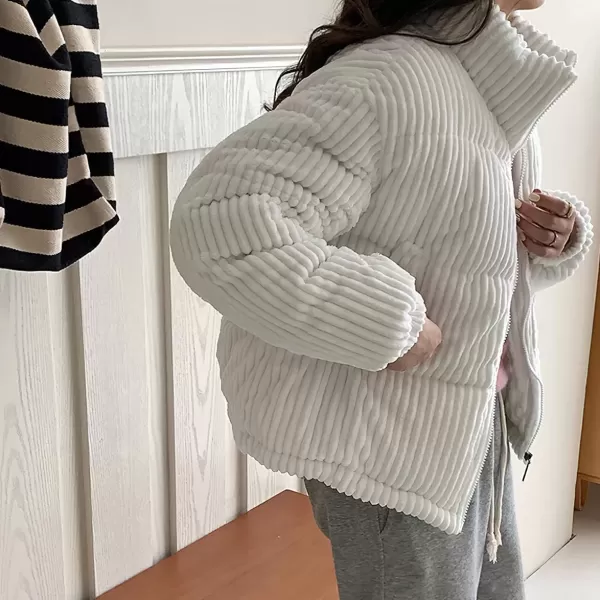 imagechouyatou Women Winter Warm Corduroy Puffer Jacket Quilted Down Zip Up Stand Collar Cropped Short CoatsWhite
