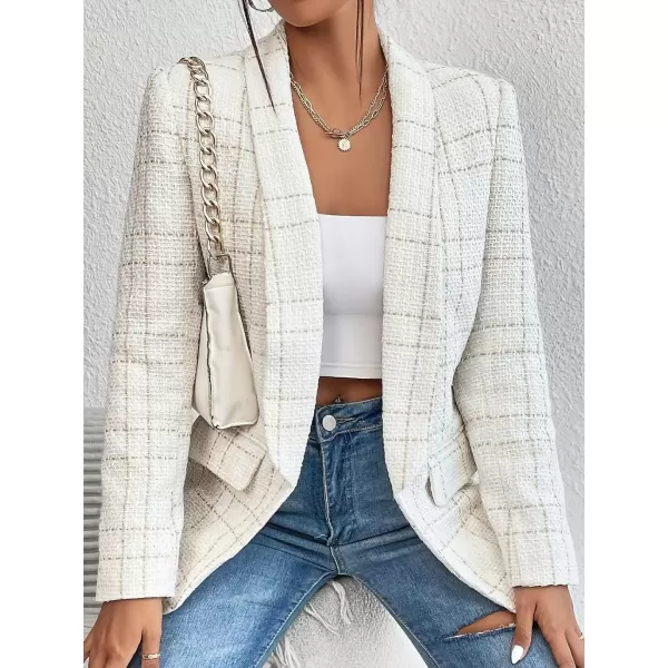 imagechouyatou Womens Business Casual Plaid Tweed Blazer Jacket Notched Collar Open Front Tweed Blazer SuitBeige