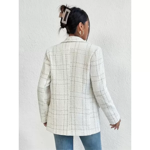 imagechouyatou Womens Business Casual Plaid Tweed Blazer Jacket Notched Collar Open Front Tweed Blazer SuitBeige