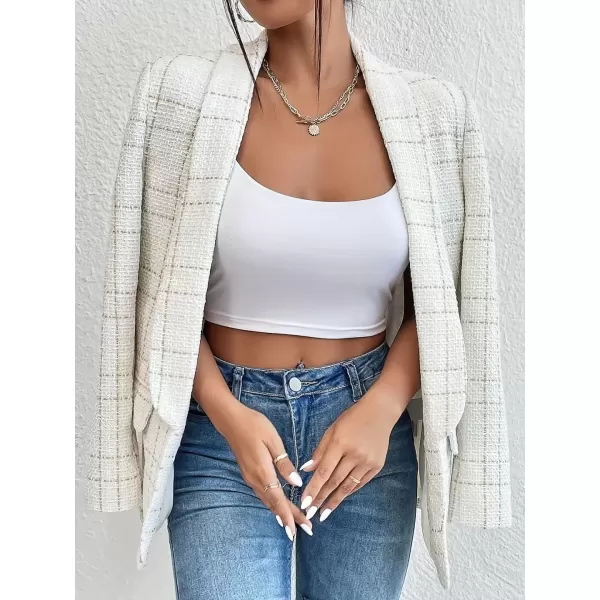 imagechouyatou Womens Business Casual Plaid Tweed Blazer Jacket Notched Collar Open Front Tweed Blazer SuitBeige