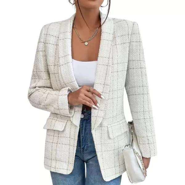 imagechouyatou Womens Business Casual Plaid Tweed Blazer Jacket Notched Collar Open Front Tweed Blazer SuitBeige
