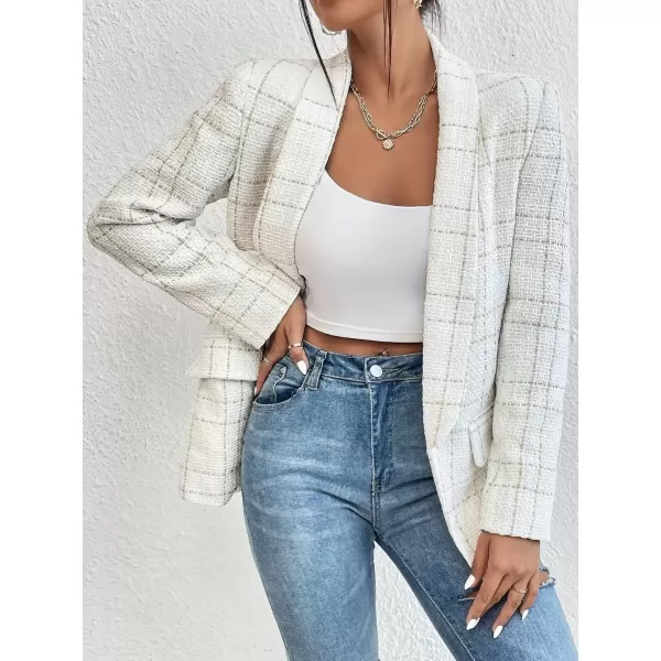 imagechouyatou Womens Business Casual Plaid Tweed Blazer Jacket Notched Collar Open Front Tweed Blazer SuitBeige