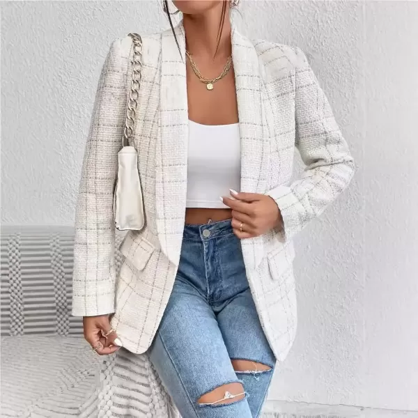 imagechouyatou Womens Business Casual Plaid Tweed Blazer Jacket Notched Collar Open Front Tweed Blazer SuitBeige