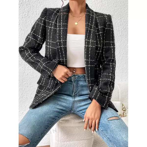 imagechouyatou Womens Business Casual Plaid Tweed Blazer Jacket Notched Collar Open Front Tweed Blazer SuitBlack