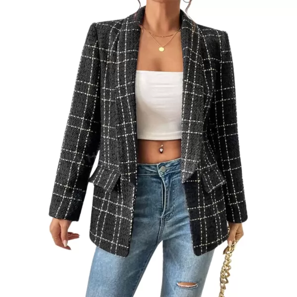 imagechouyatou Womens Business Casual Plaid Tweed Blazer Jacket Notched Collar Open Front Tweed Blazer SuitBlack