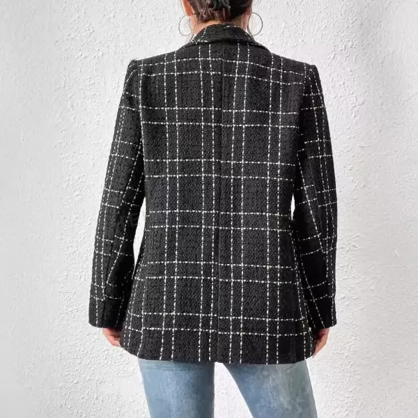 imagechouyatou Womens Business Casual Plaid Tweed Blazer Jacket Notched Collar Open Front Tweed Blazer SuitBlack