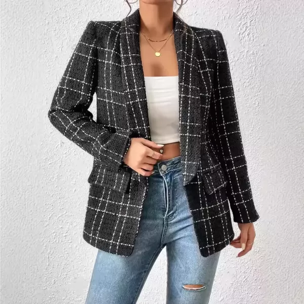 imagechouyatou Womens Business Casual Plaid Tweed Blazer Jacket Notched Collar Open Front Tweed Blazer SuitBlack