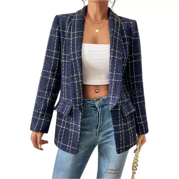 imagechouyatou Womens Business Casual Plaid Tweed Blazer Jacket Notched Collar Open Front Tweed Blazer SuitDark Blue
