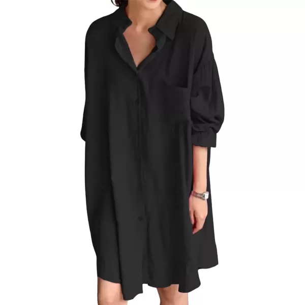 imagechouyatou Womens Button Down Shirt Mini Dress Long Sleeve Button Up Shift Dress Long Tunic Shirt TopsBlack