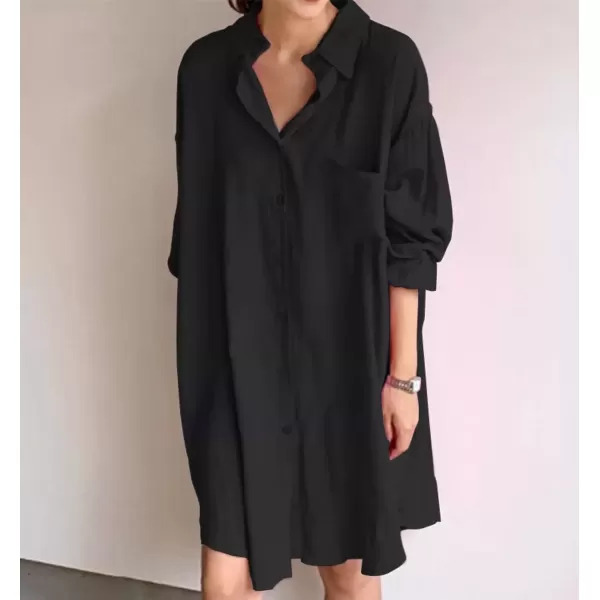 imagechouyatou Womens Button Down Shirt Mini Dress Long Sleeve Button Up Shift Dress Long Tunic Shirt TopsBlack