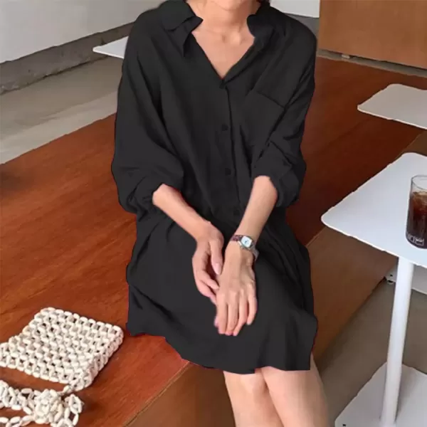 imagechouyatou Womens Button Down Shirt Mini Dress Long Sleeve Button Up Shift Dress Long Tunic Shirt TopsBlack