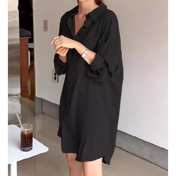imagechouyatou Womens Button Down Shirt Mini Dress Long Sleeve Button Up Shift Dress Long Tunic Shirt TopsBlack