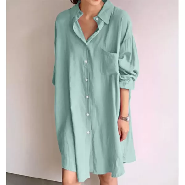 imagechouyatou Womens Button Down Shirt Mini Dress Long Sleeve Button Up Shift Dress Long Tunic Shirt TopsGreen