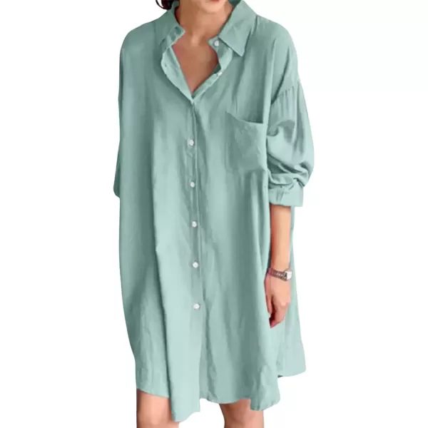 imagechouyatou Womens Button Down Shirt Mini Dress Long Sleeve Button Up Shift Dress Long Tunic Shirt TopsGreen