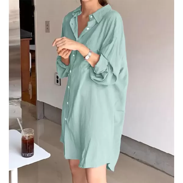 imagechouyatou Womens Button Down Shirt Mini Dress Long Sleeve Button Up Shift Dress Long Tunic Shirt TopsGreen