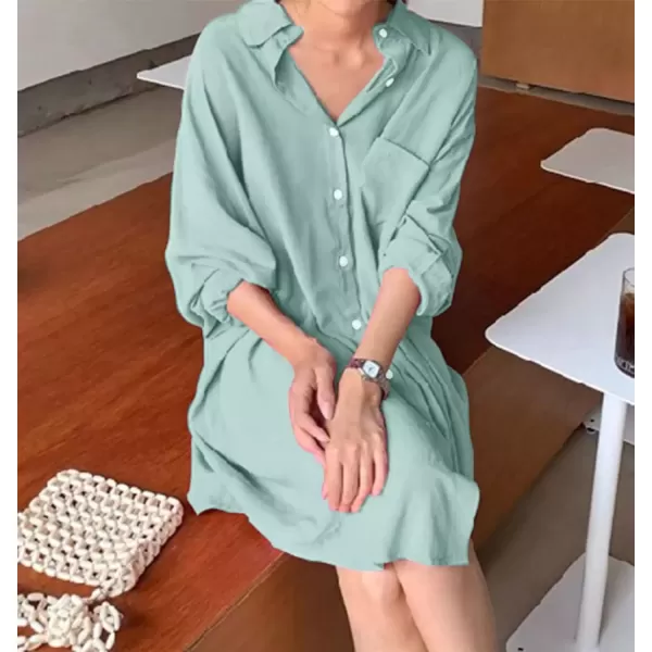 imagechouyatou Womens Button Down Shirt Mini Dress Long Sleeve Button Up Shift Dress Long Tunic Shirt TopsGreen