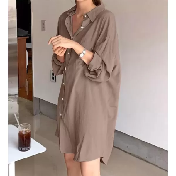imagechouyatou Womens Button Down Shirt Mini Dress Long Sleeve Button Up Shift Dress Long Tunic Shirt TopsKhaki
