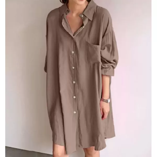 imagechouyatou Womens Button Down Shirt Mini Dress Long Sleeve Button Up Shift Dress Long Tunic Shirt TopsKhaki