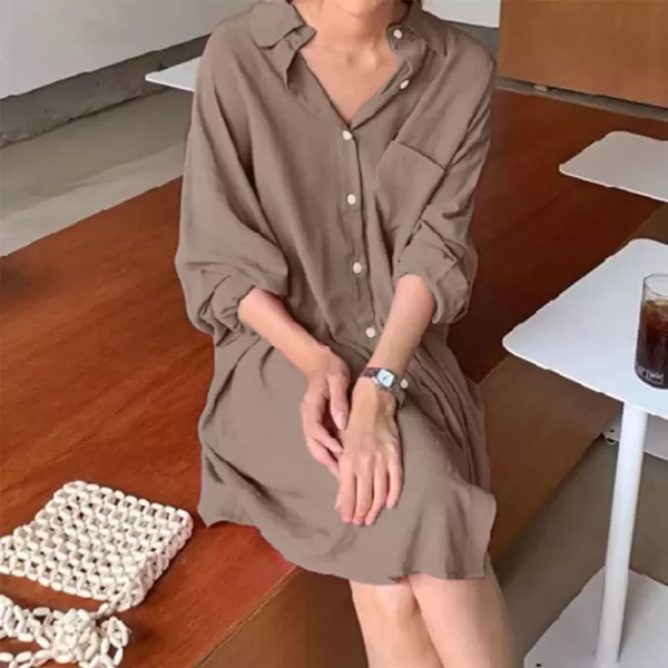 imagechouyatou Womens Button Down Shirt Mini Dress Long Sleeve Button Up Shift Dress Long Tunic Shirt TopsKhaki