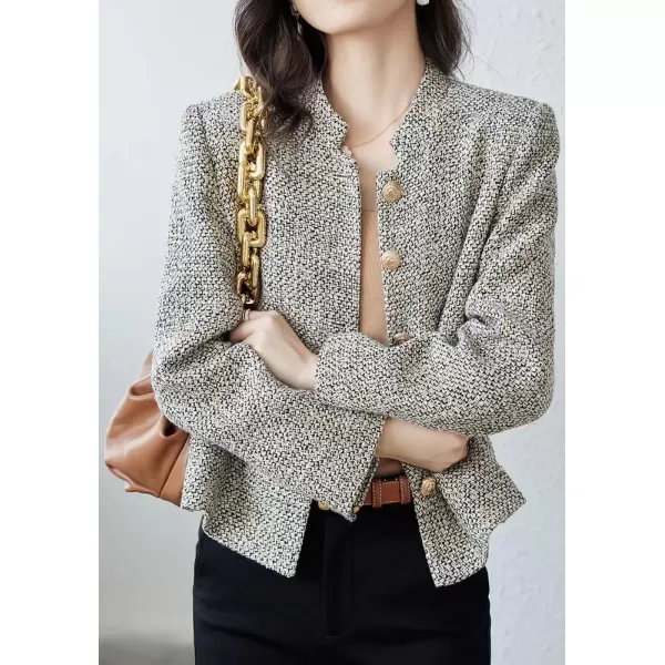 imagechouyatou Womens Button Down Tweed Jacket Slim Notch Lapel Bussiness Casual Blazer JacketKhaki