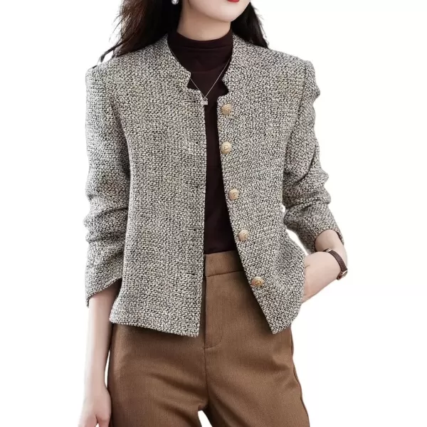 imagechouyatou Womens Button Down Tweed Jacket Slim Notch Lapel Bussiness Casual Blazer JacketKhaki