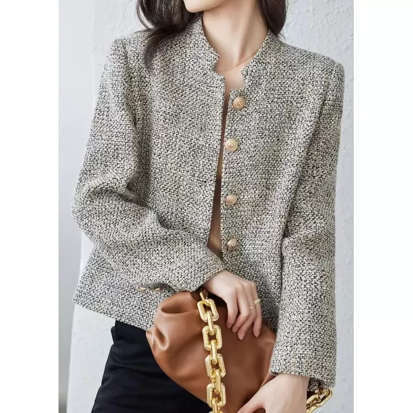 imagechouyatou Womens Button Down Tweed Jacket Slim Notch Lapel Bussiness Casual Blazer JacketKhaki