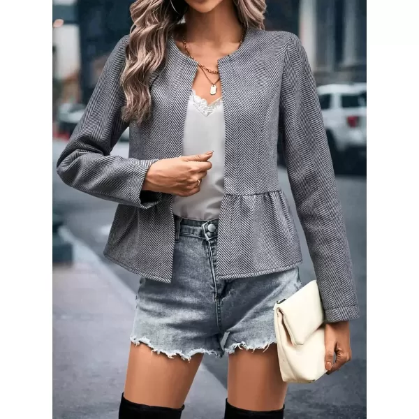 imagechouyatou Womens Casual Business Peplum Open Front Herringbone Print Office Blazer JacketGrey