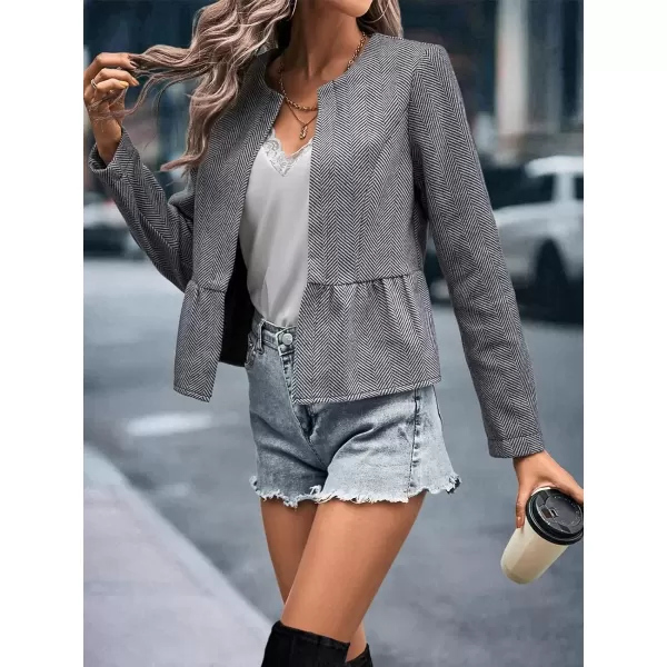 imagechouyatou Womens Casual Business Peplum Open Front Herringbone Print Office Blazer JacketGrey