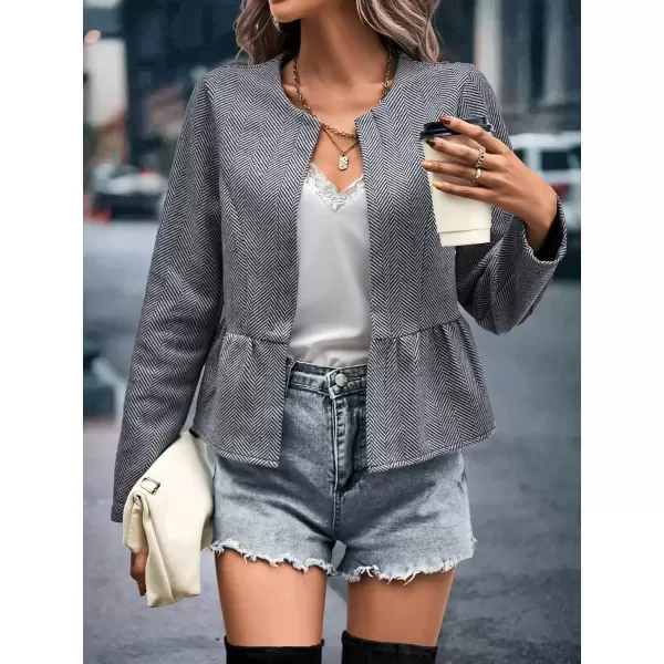 imagechouyatou Womens Casual Business Peplum Open Front Herringbone Print Office Blazer JacketGrey