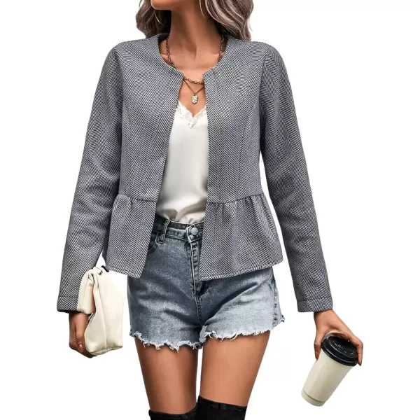 imagechouyatou Womens Casual Business Peplum Open Front Herringbone Print Office Blazer JacketGrey