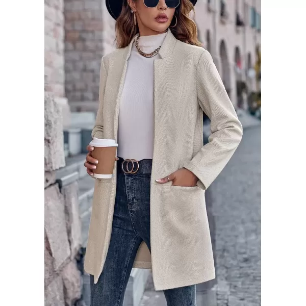 imagechouyatou Womens Casual Business Stand Collar Blazer Jacket Open Front Office Work Mid Long CoatsApricot