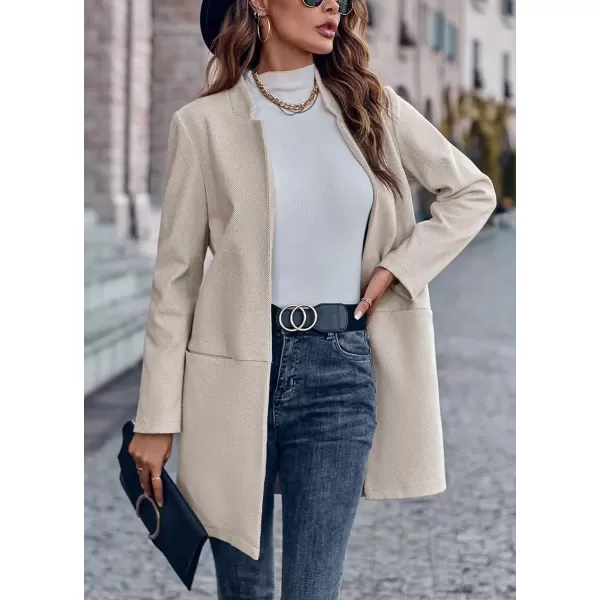 imagechouyatou Womens Casual Business Stand Collar Blazer Jacket Open Front Office Work Mid Long CoatsApricot
