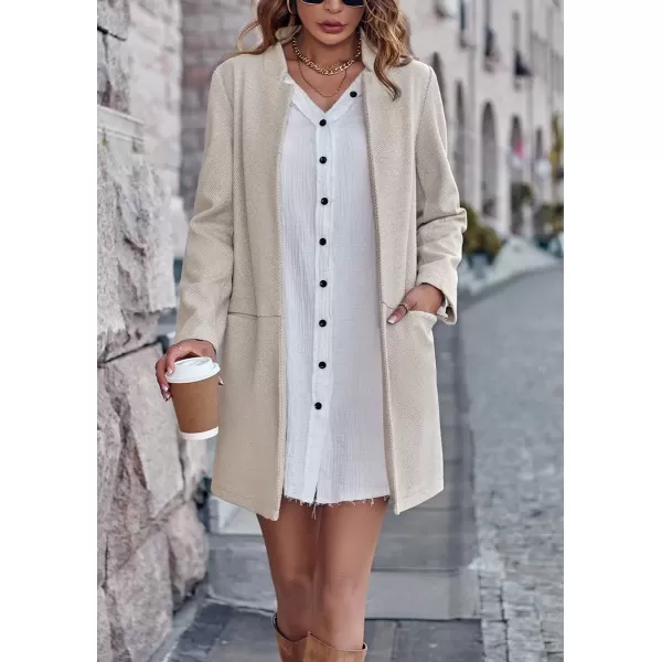 imagechouyatou Womens Casual Business Stand Collar Blazer Jacket Open Front Office Work Mid Long CoatsApricot