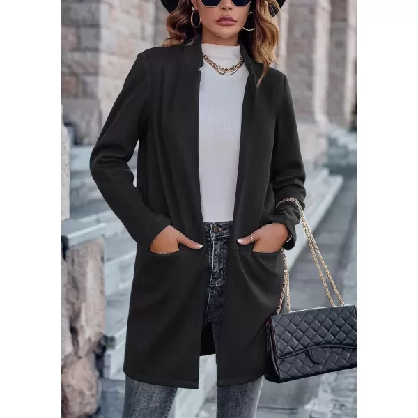 imagechouyatou Womens Casual Business Stand Collar Blazer Jacket Open Front Office Work Mid Long CoatsBlack