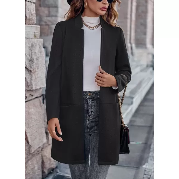 imagechouyatou Womens Casual Business Stand Collar Blazer Jacket Open Front Office Work Mid Long CoatsBlack